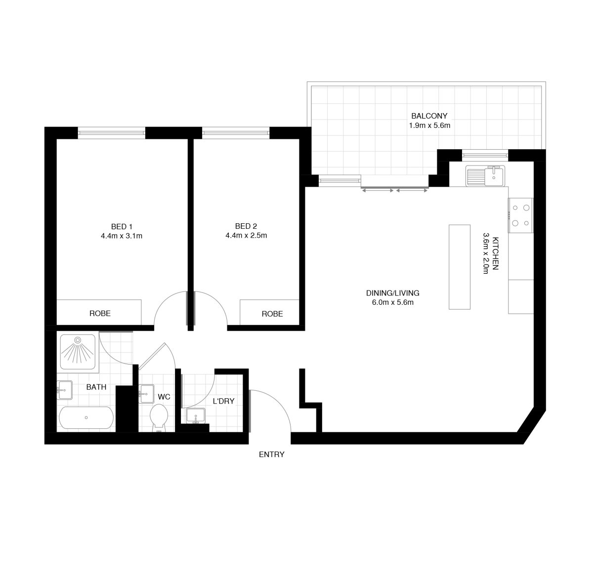Floor plan for Generously sized two-bed with views